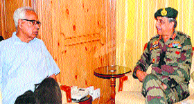 Governor NN Vohra with GOC-in-C Northern Command Lt Gen Sanjiv Chachra at Raj Bhawan in Srinagar on Sunday.