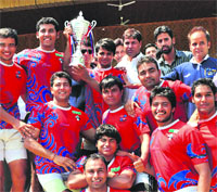 Members of the Delhi team after winning the Senior National Rugby Championship in Srinagar on Sunday. 