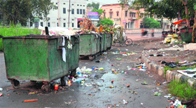 Garbage dumps overflow near Extension Library in Ludhiana.