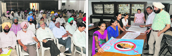  Principals and in-charges of schools from across the district participated in a workshop conducted by the Education Department on adolescence education at the Teachers' Home in Bathinda on Monday; and (right) students display the posters made by them as part of a competition held at the Government Rajindra College. 