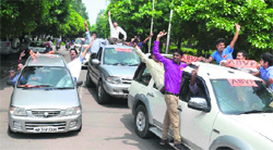 ABVP activists campaign on the PU campus on Monday. Tribune photo