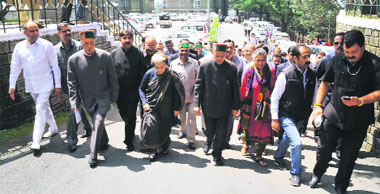 Chief Minister Virbhadra Singh, along with other MLAs, goes to attend the monsoon session at the Vidhan Sabha in Shimla on Monday.