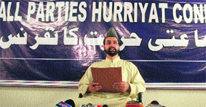 Hurriyat Conference leader Mirwaiz Umar Farooq addresses mediapersons at the party headquarters in Srinagar on Monday.
