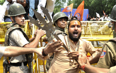 VHP activists protest against the UP Governments crackdown on their Ayodhya yatra, at Jantar Mantar in New Delhi on Monday. 