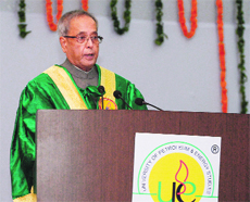 President Pranab Mukherjee at the University of Petroleum and Energy Studies in Dehradun on Monday.