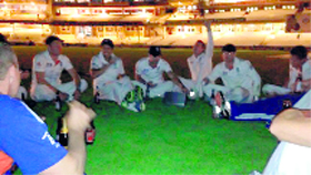 A picture from England wicketkeeper Matt Prior's Twitter feed show the team having drinks in the middle after the match.