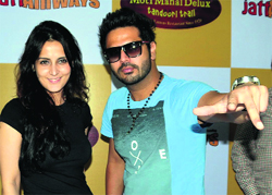 Actress Tulip Joshi and singer-turned-actor Alfaaz at an event to promote their forthcoming film Jatt Airways in Bathinda on Tuesday. Tribune photo: Pawan Sharma