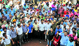 NSUI workers show their strength ahead of the elections at Panjab University on Tuesday