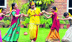 Students of Tribune Model School perform a dance item during the Janmashtami celebrations at Sector 29 in Chandigarh on Tuesday