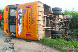 The school bus which overturned in Sonepat district on Tuesday. 
