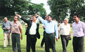 French Embassy official Atul Wastav with Kangra Deputy Commissioner C Palrasu at the Police Ground in Dharamsala on Tuesday. 