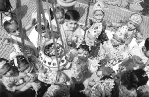 Schoolchildren dressed as Lord Krishna and Radha during the Janmashtami celebrations at a school in Shimla on Tuesday. 