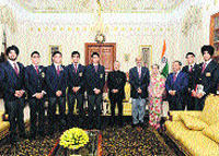 The seven-member team of students of Lawrence School, Sanawar, with President Pranab Mukherjee and school's headmaster Praveen Vasisht and other staff members
