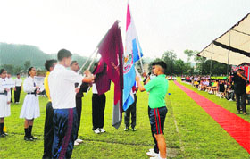 Participants carrying school flags take oath during the opening ceremony of Sainik School games at Sujanpur. 