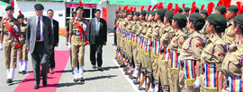 The Governor being given the guard of honour by NCC cadets in Leh on Tuesday
