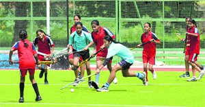 Girls take part in the trials for the selection of the Bathinda hockey team. The trials were held at the AstroTurf ground laid on the premises of Government Rajindra College. Tribune photo: Pawan Sharma