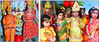 Tiny tots dress up as Lord Krishna, Radha and gopis in Jammu on Wednesday.