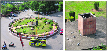 A view of the Indira Chowk; and (right) the pedestal where the statue of Indira Gandhi has to be installed