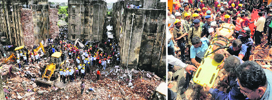 Rescue work at the collapse site in Madhavnagar locality in Vadodara on Wednesday; (below) fire personnel recover a victims body.  PTI 