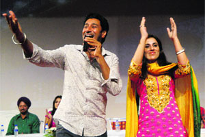 Actors Harbhajan Mann and Mehreen Kaleka regale the gathering at Adesh University in Bathinda on Thursday. 