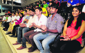 Players in a jubilant mood during a prize distribution ceremony at a National Sports Day function in Sector 10 , Chandigarh, on Thursday.
