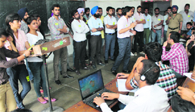 Students Organisation of Panjab University (SOPU) leaders try to woo voters during class-to-class campaigning on Thursday.
