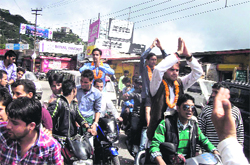 Members of the students unions on their way to file their nominations for the elections in MPG College in Mussoorie on Thursday. A Tribune photograph