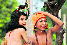 Children dressed as Lord Krishna and Sudama during a shobha yatra on the occasion of Krishna Janmashtmi in Karnal