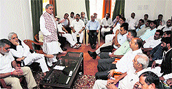 PDP leader Yash Pal Sharma addresses party workers at a meeting in Jammu on Thursday