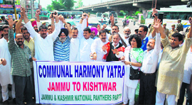Leaders of the Panthers Party participate in a communal harmony yatra in Jammu on Thursday.