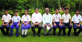 Students of MHAC Nagabani School with principal Alok Betab in Jammu on Thursdau.