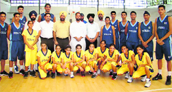 Pawan Kumar Teenu, Chief Parliamentary Secretary, Sports and Youth Affairs (in white kurta), duirng a visit to Guru Nanak Stadium in Ludhiana. A Tribune Photograph 