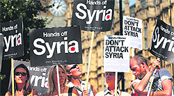 Demonstrators hold placards outside the UKs Parliament in London on Thursday