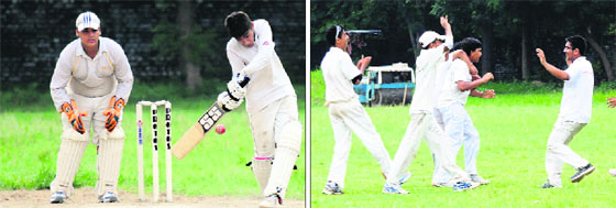 Players in action; and (right) Mount Carmel team members in a jubilant mood after winning a match against the GNPS in Sector 36, Chandigarh, on Friday. 