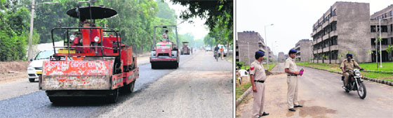 The Dhanas-Mullanpur road being carpeted; and (right) the police steps up vigil at the one-room tenements complex in Dhanas on Friday.