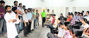 NSUI leaders address students of the University Institute of Legal Studies in their classroom on Friday. 