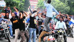 NSUI workers create a ruckus during a nomination filing procession for the students poll in DAV (PG) College in Dehradun on Friday. A Tribune photograph