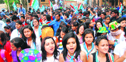 Supporters of a NSUI candidate take out a procession during the filing of nominations in DAV (PG) College in Dehradun on Friday. Tribune photo: Vinod Pundir 