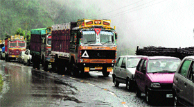 A long traffic jam near the Kufri-Dhalli road in Shimla on Friday.