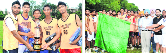 Winners of the cross-country race with the trophy in a jubliant mood; and (right) teachers of Lyallpur Khalsa College flag off cross-country race in Jalandhar.