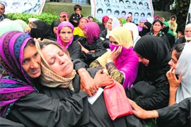 Members of Association of Parents of Disappeared People during a protest in Srinagar on Friday. 
