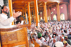 Mirwaiz Umar Farooq addresses a gathering inside the Jamia Masjid in Srinagar on Friday. 