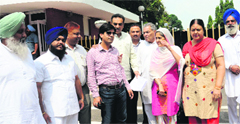 Councillors of the SAD and BJP come out of Punjab Bhawan after meeting UT Administrator Shivraj V Patil in Chandigarh on Saturday. Tribune photo: Manoj Mahajan