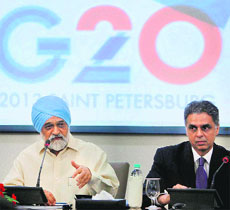 Planning Commission Deputy Chairman Montek Singh Ahluwalia speaks on the G20 Summit in New Delhi on Saturday. 