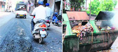 Sewage scattered on the road on Katra Jaimal Singh Road leading to the Golden Temple; garbage being burnt in a bin near the bus stand in Amritsar.