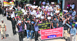 Dressed in black as a mark of protest, teaching and non-teaching staff members of Adarsh Schools stage a state-level agitation in Bathinda on Sunday.