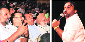 The police officials enjoy a performance; and (right) comedian Bhagwant Maan stages an act at the Tagore Theatre, Sector 18, in Chandigarh. 