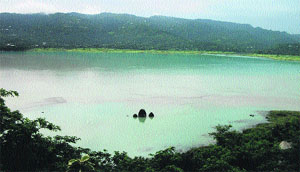 A view of remnants of the old Bilaspur town submerged in the Gobind Sagar Lake at Bilaspur. 
