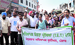 Members of TET Pass Unemployed Teachers Union, Punjab, protest in Sangrur on Sunday