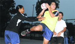 A handball match in progress at DAV School, Sector 8, in Chandigarh on Monday.